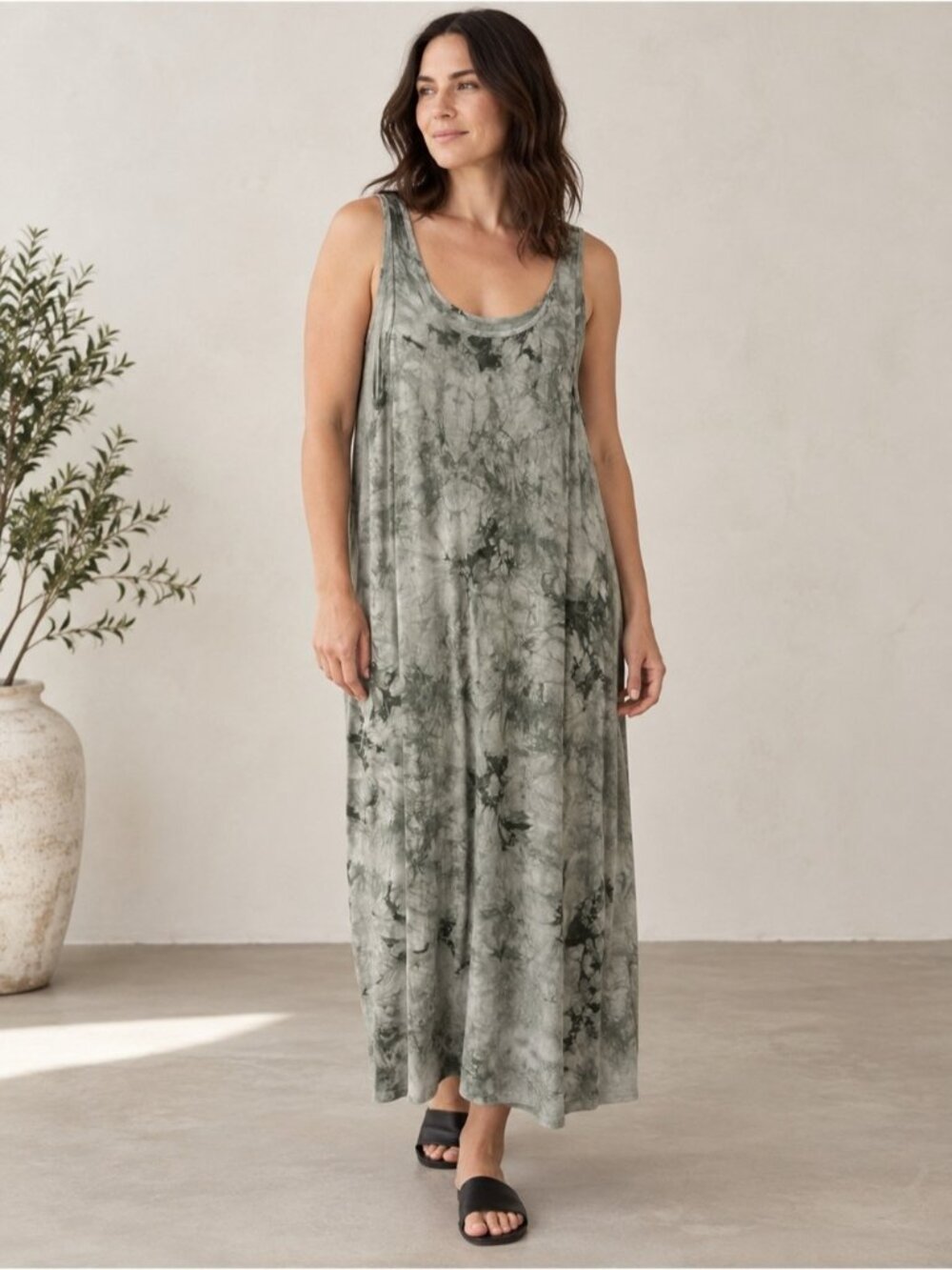 Papillon Womens size XXL Gray Green Tie Dye Maxi Dress Sleeveless Boho Lagenlook